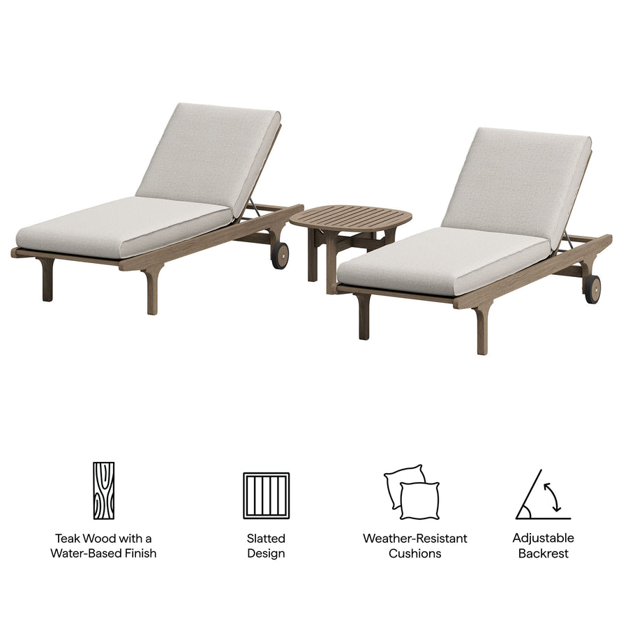 Lark Outdoor Patio Teak Wood 3-Piece Chaise Lounge Furniture Set in Weathered Gray Pebble