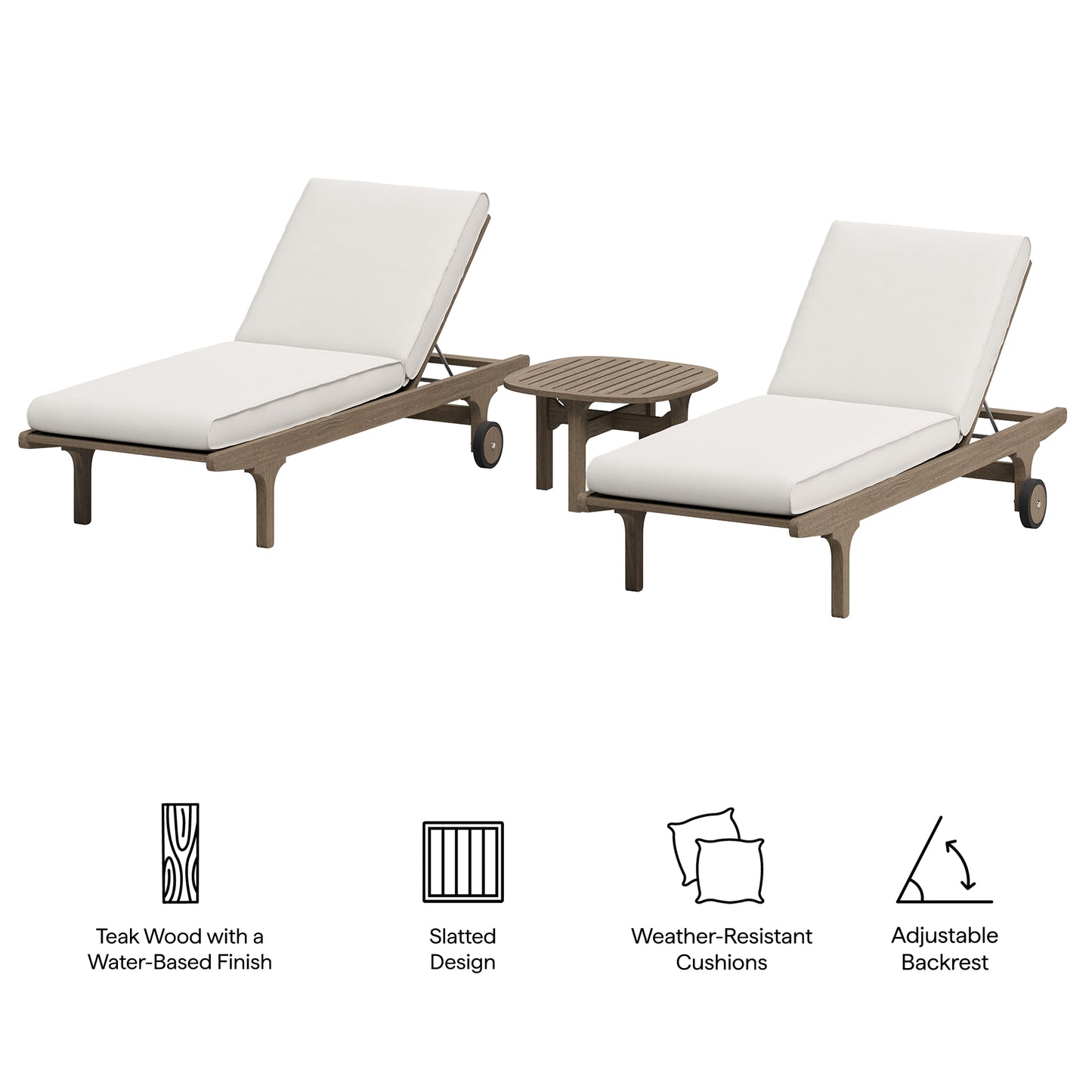 Saratoga Outdoor Patio Teak Wood 3-Piece Chaise Lounge Furniture Set by Furniture For America