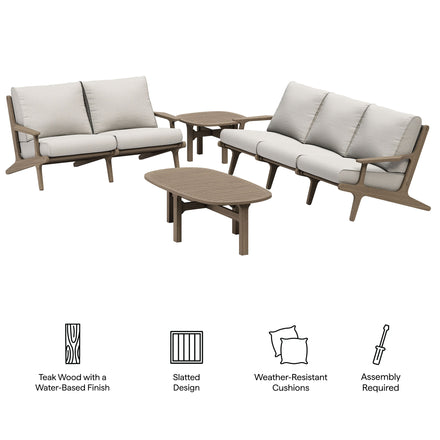 Saratoga 4-Piece Outdoor Patio Teak Wood Furniture Set in Weathered Gray Pebble