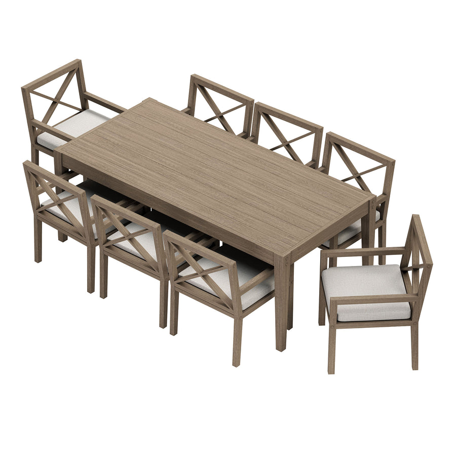 Roan 9-Piece Outdoor Patio Teak Wood Dining Set in Weathered Gray Pebble