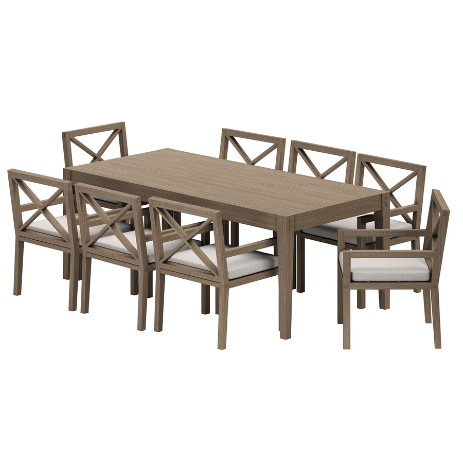 Roan 9-Piece Outdoor Patio Teak Wood Dining Set in Weathered Gray Pebble