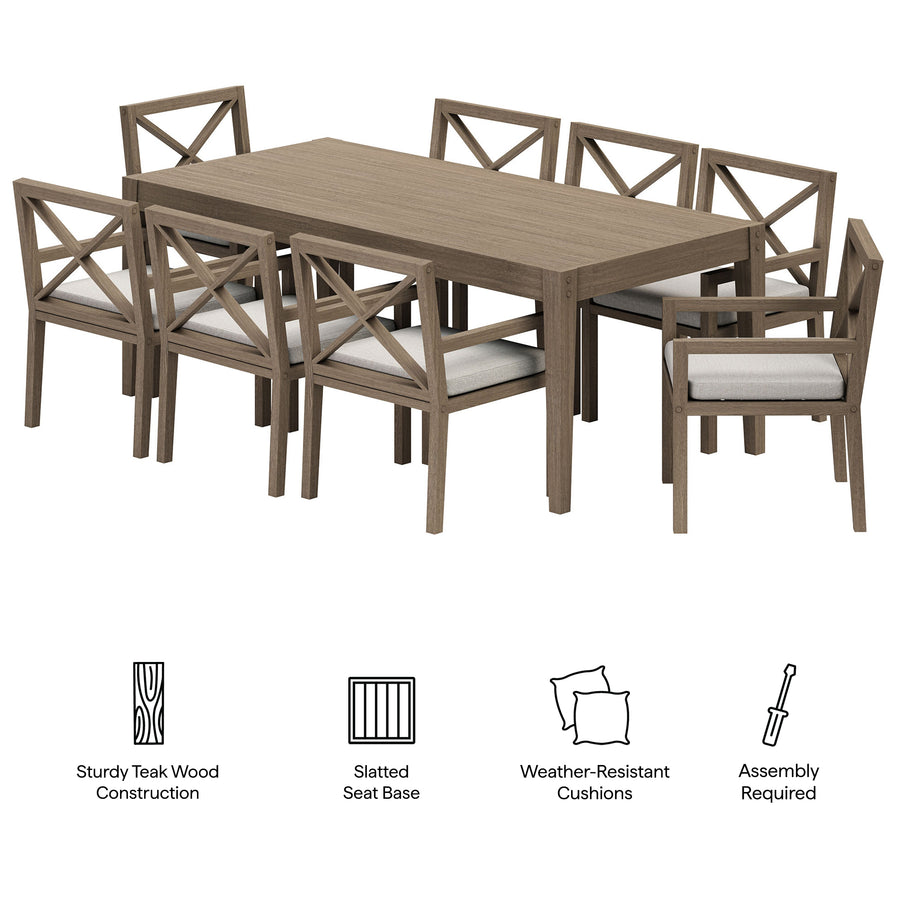 Roan 9-Piece Outdoor Patio Teak Wood Dining Set in Weathered Gray Pebble