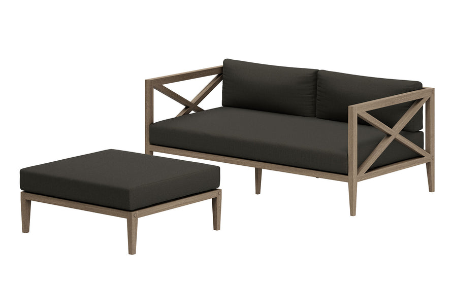 Roan Outdoor Patio Teak Wood Loveseat and Ottoman Set in Weathered Gray Flint