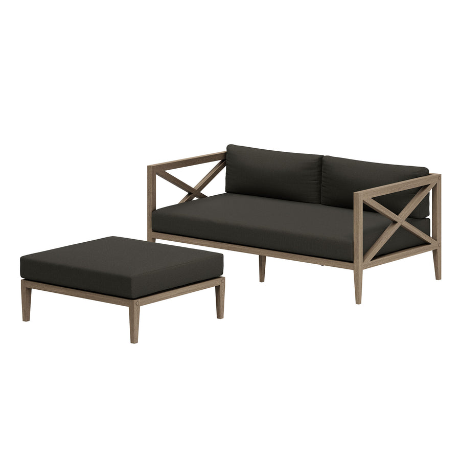 Roan Outdoor Patio Teak Wood Loveseat and Ottoman Set in Weathered Gray Flint