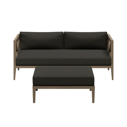 Northlake Outdoor Patio Teak Wood Loveseat and Ottoman Set in Weathered Gray Flint