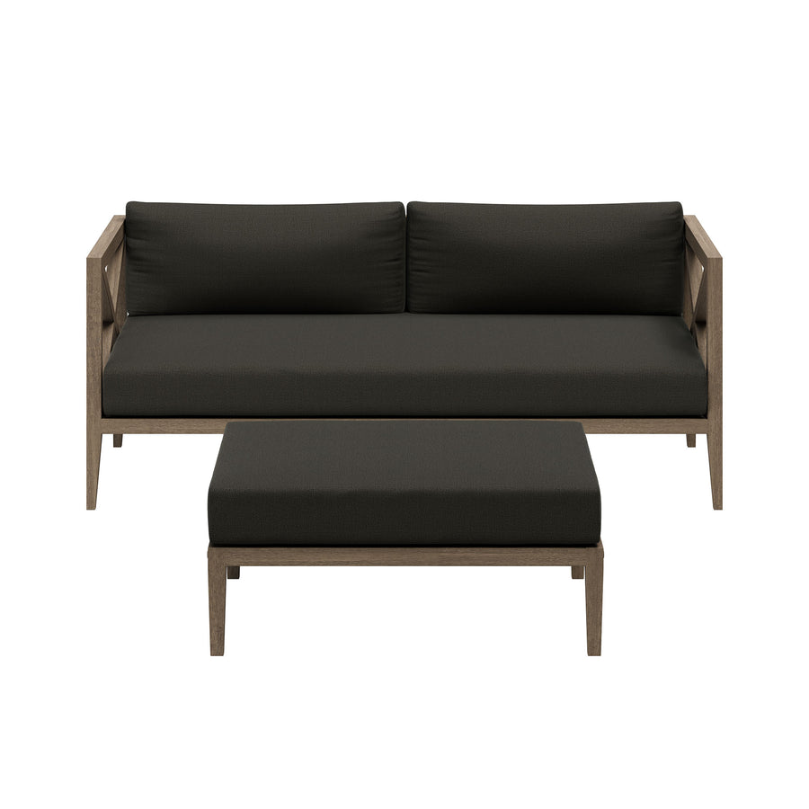 Roan Outdoor Patio Teak Wood Loveseat and Ottoman Set in Weathered Gray Flint