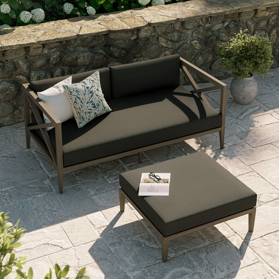 Roan Outdoor Patio Teak Wood Loveseat and Ottoman Set in Weathered Gray Flint