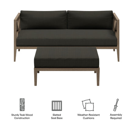 Northlake Outdoor Patio Teak Wood Loveseat and Ottoman Set in Weathered Gray Flint