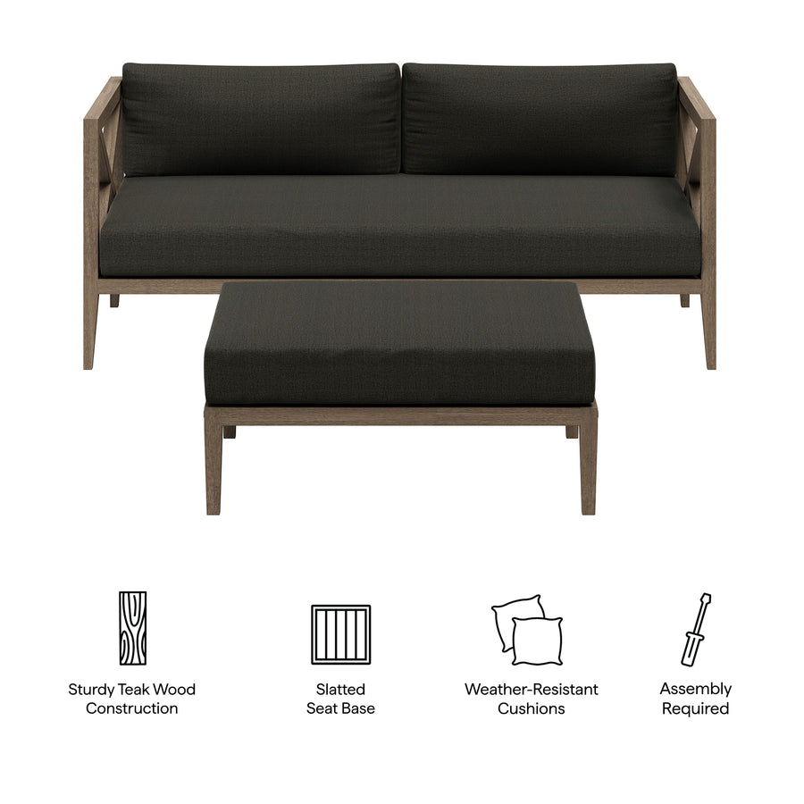 Roan Outdoor Patio Teak Wood Loveseat and Ottoman Set in Weathered Gray Flint