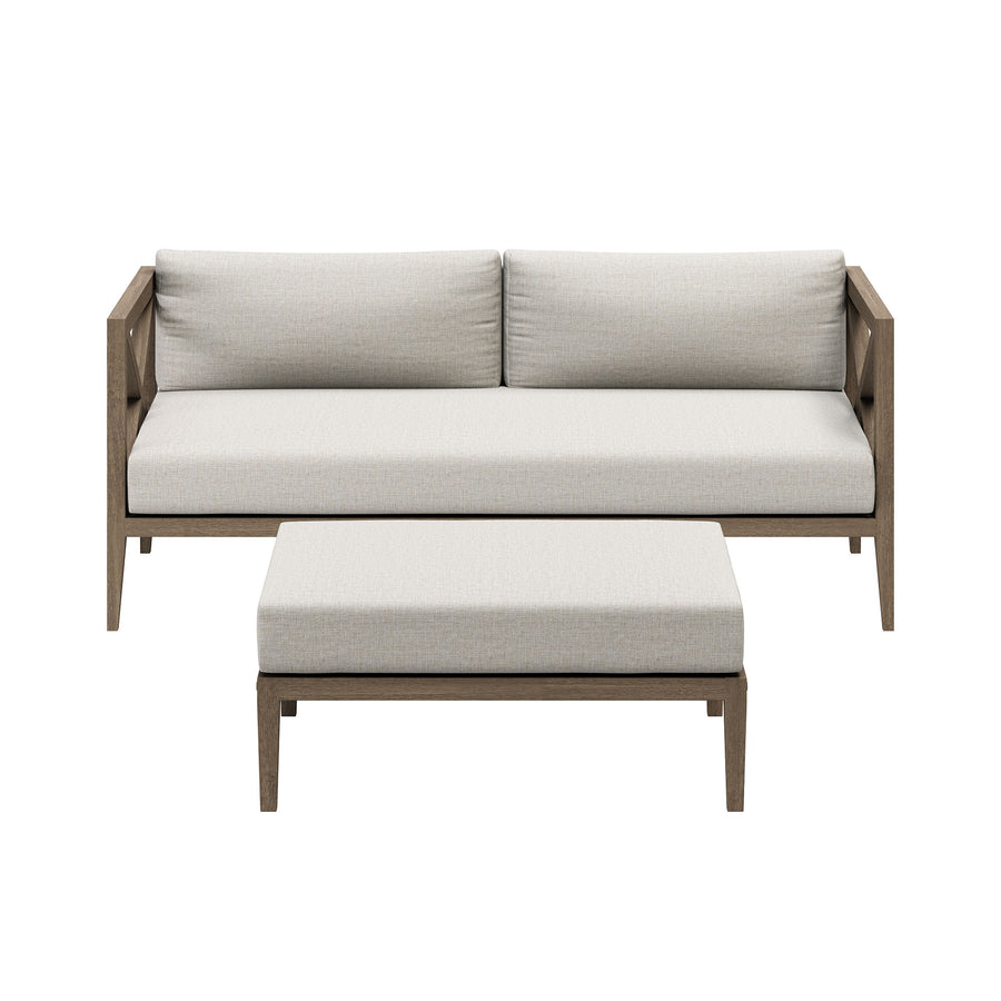 Roan Outdoor Patio Teak Wood Loveseat and Ottoman Set in Weathered Gray Pebble