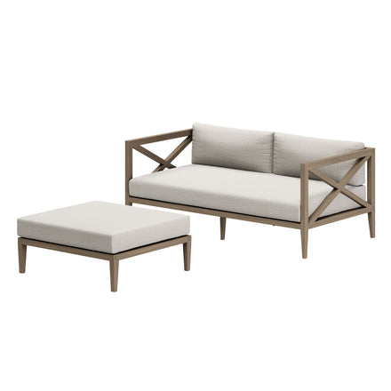 Northlake Outdoor Patio Teak Wood Loveseat and Ottoman Set in Weathered Gray Pebble