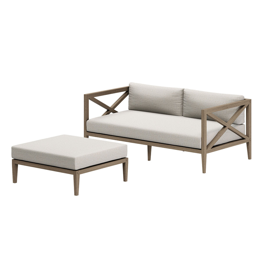 Roan Outdoor Patio Teak Wood Loveseat and Ottoman Set in Weathered Gray Pebble