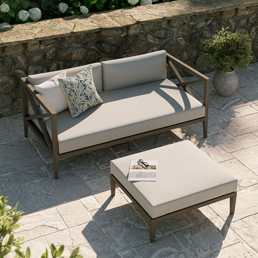 Roan Outdoor Patio Teak Wood Loveseat and Ottoman Set in Weathered Gray Pebble