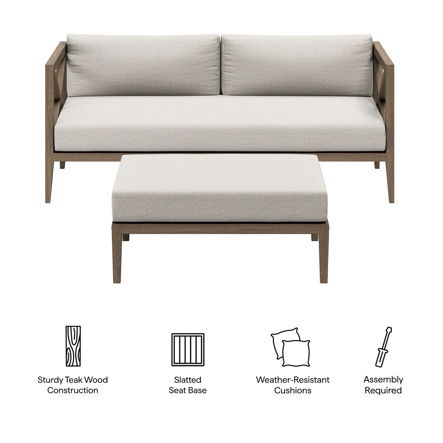 Northlake Outdoor Patio Teak Wood Loveseat and Ottoman Set by Furniture for America