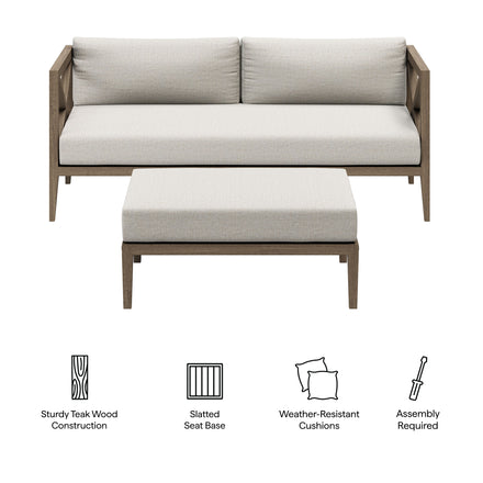 Northlake Outdoor Patio Teak Wood Loveseat and Ottoman Set in Weathered Gray Pebble