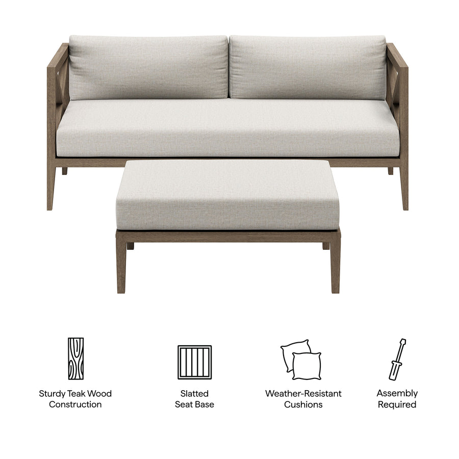 Roan Outdoor Patio Teak Wood Loveseat and Ottoman Set in Weathered Gray Pebble