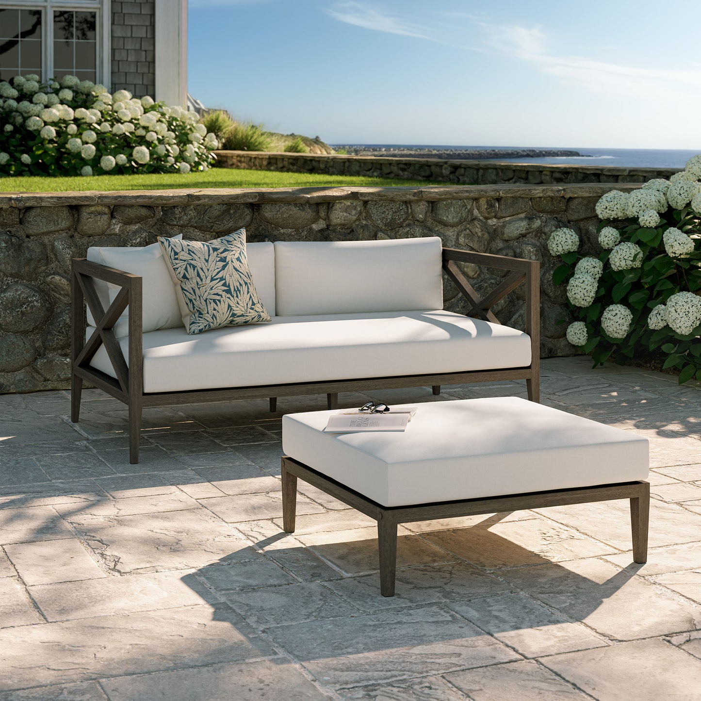 Northlake Outdoor Patio Teak Wood Loveseat and Ottoman Set by Furniture For America