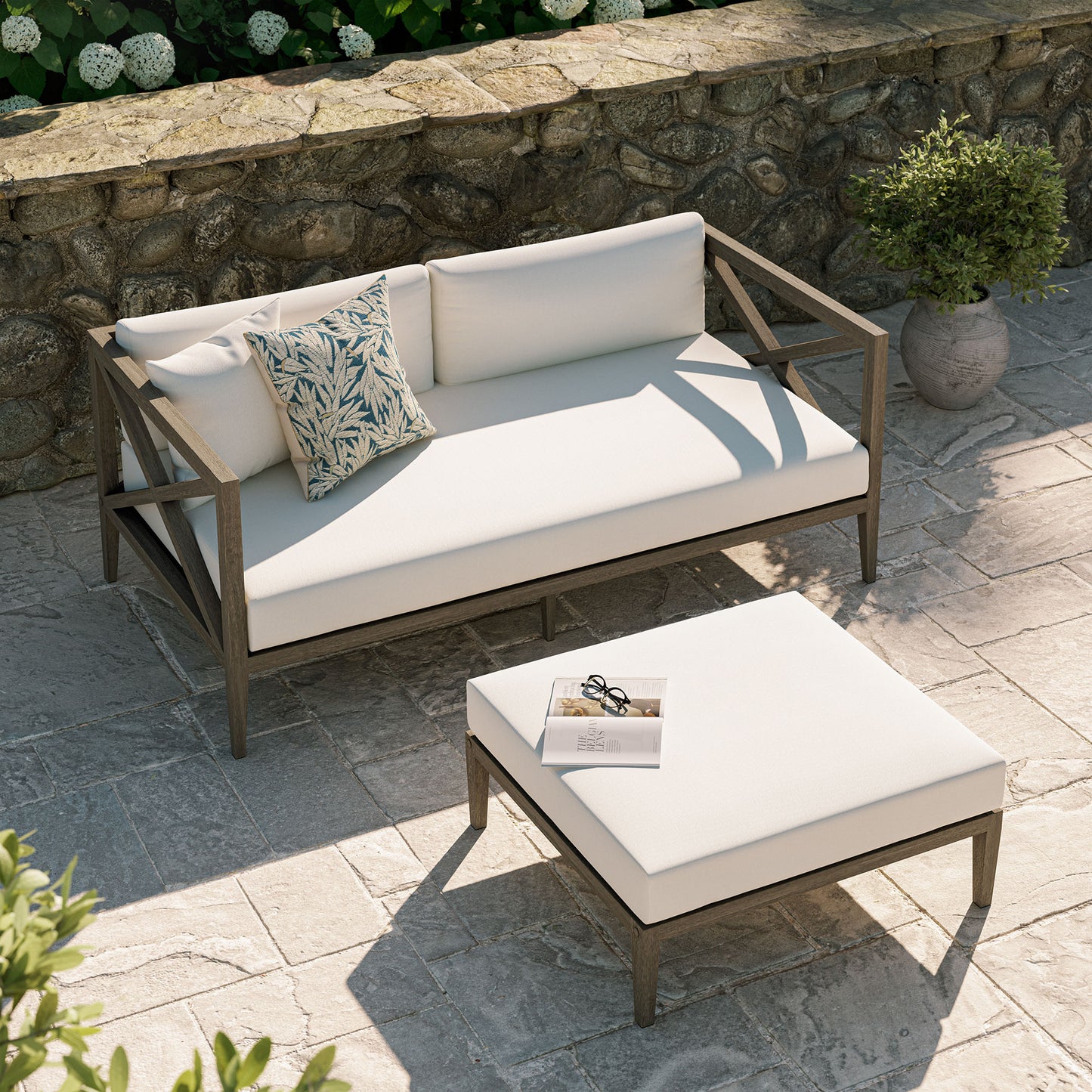 Northlake Outdoor Patio Teak Wood Loveseat and Ottoman Set by Furniture For America