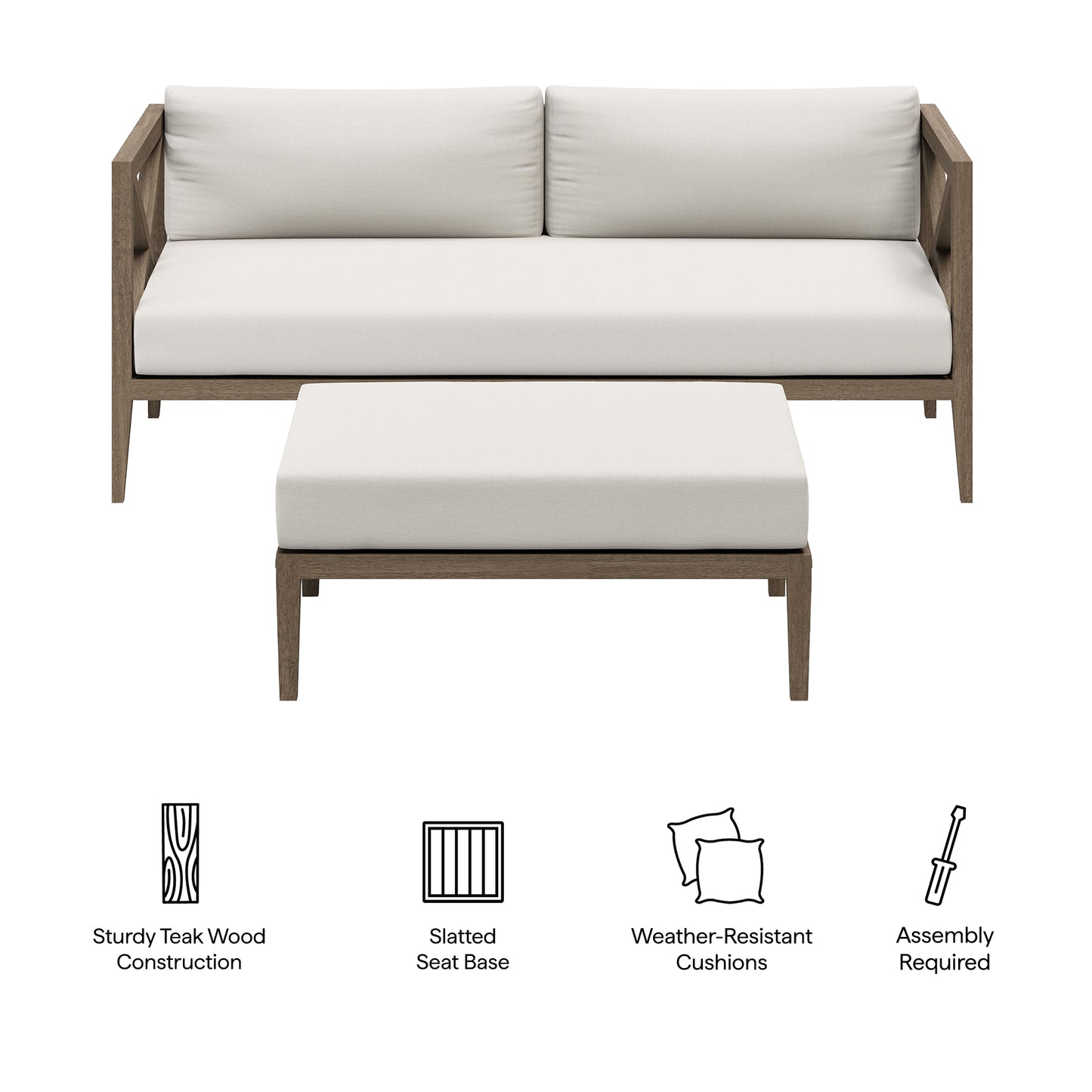Northlake Outdoor Patio Teak Wood Loveseat and Ottoman Set by Furniture For America