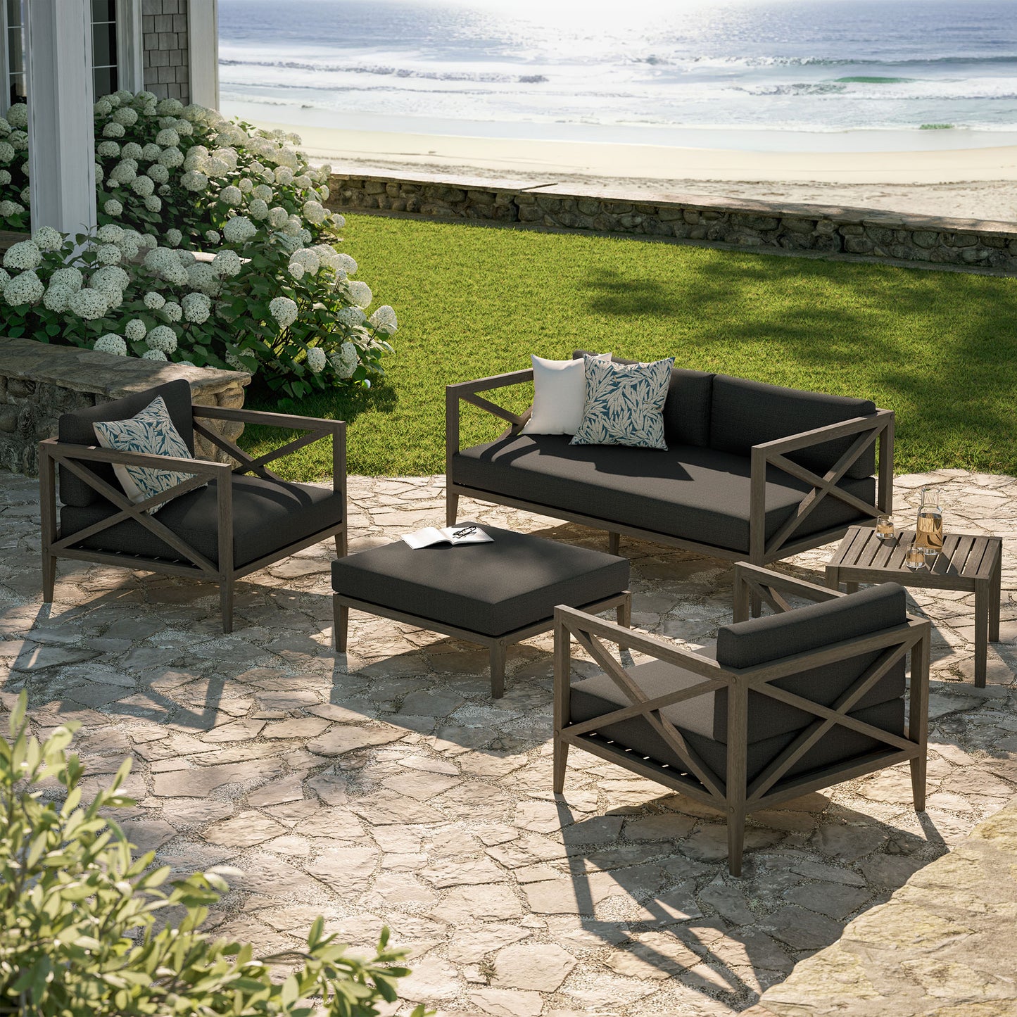 Roan 5-Piece Outdoor Patio Teak Wood Furniture Set in Weathered Gray Flint