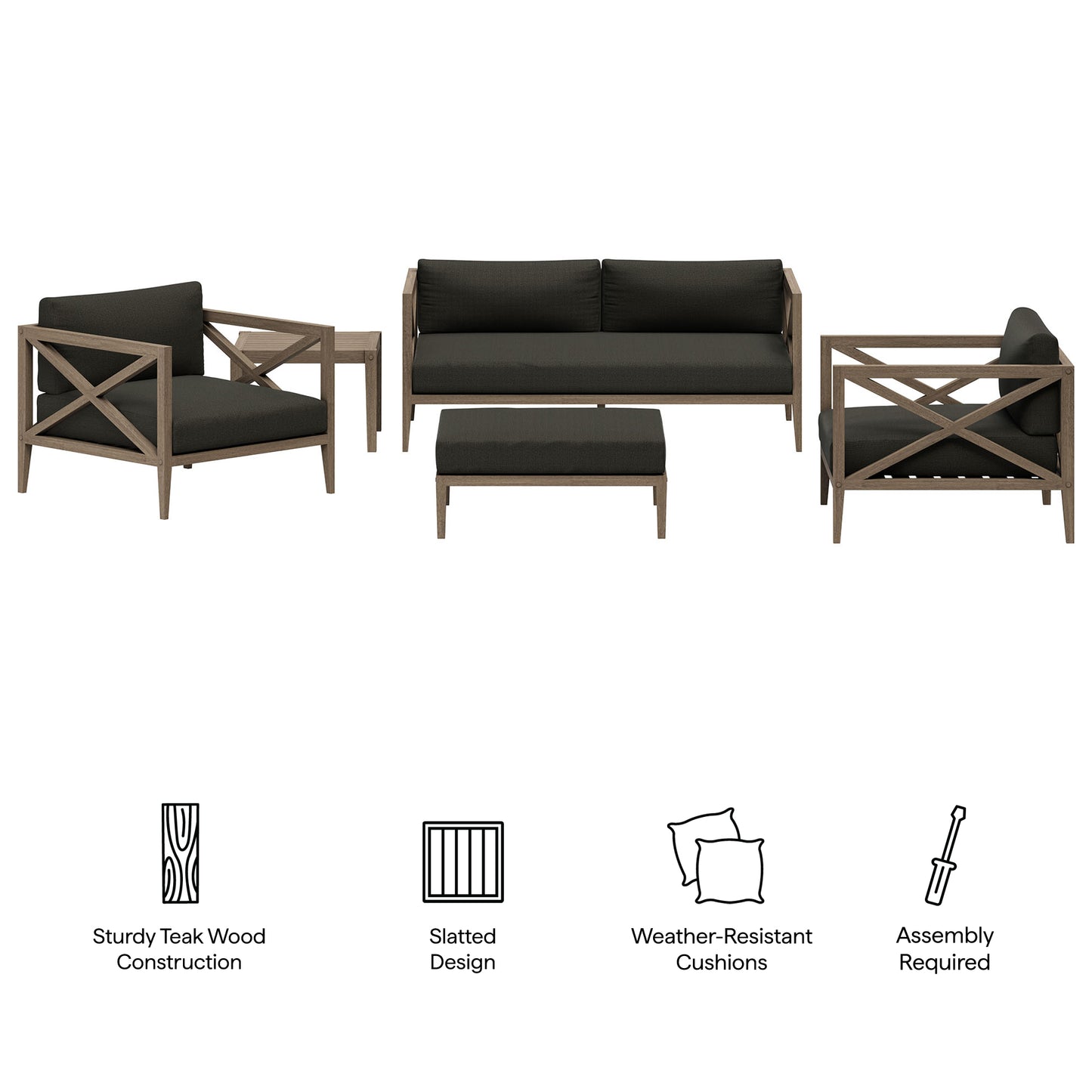Roan 5-Piece Outdoor Patio Teak Wood Furniture Set in Weathered Gray Flint