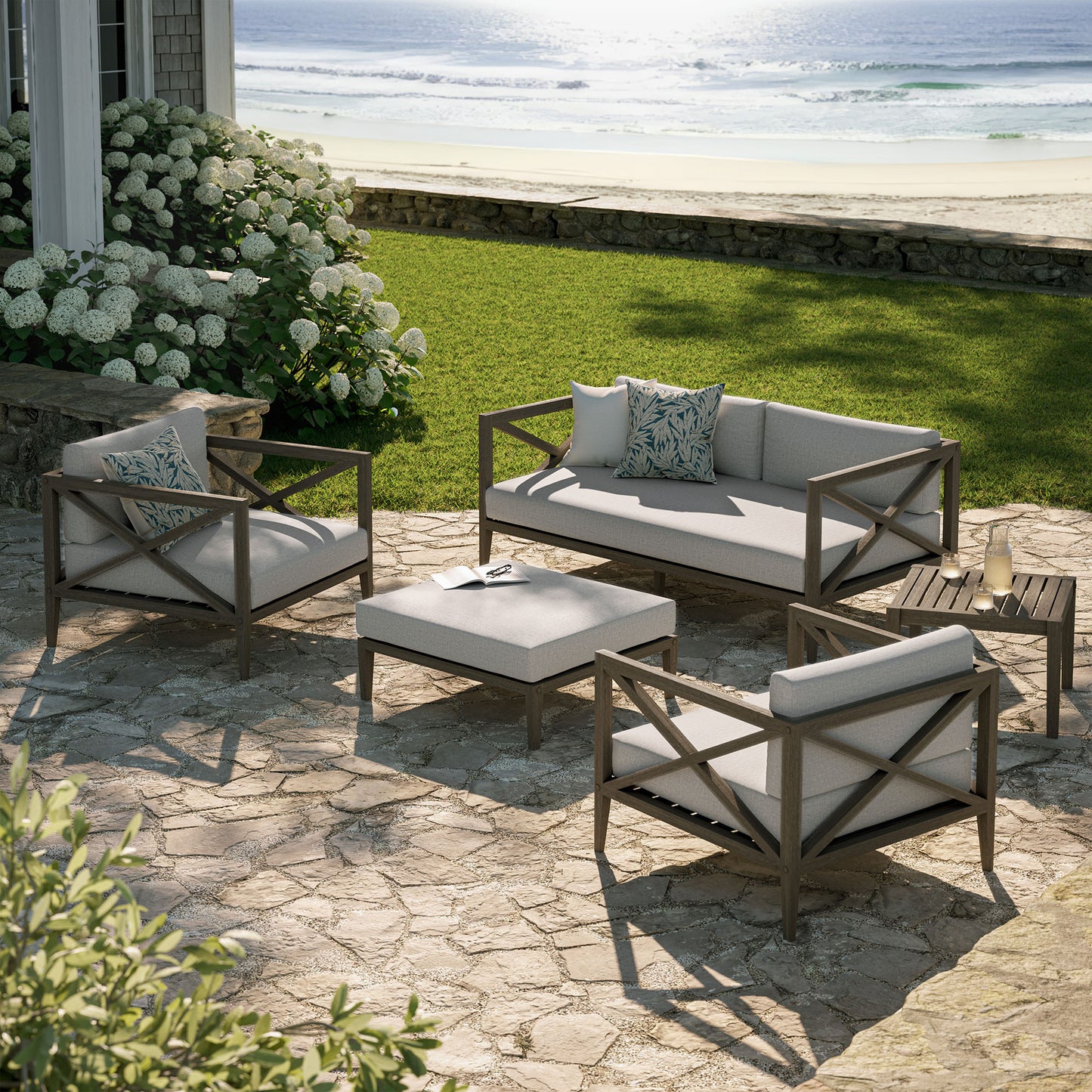 Roan 5-Piece Outdoor Patio Teak Wood Furniture Set in Weathered Gray Pebble
