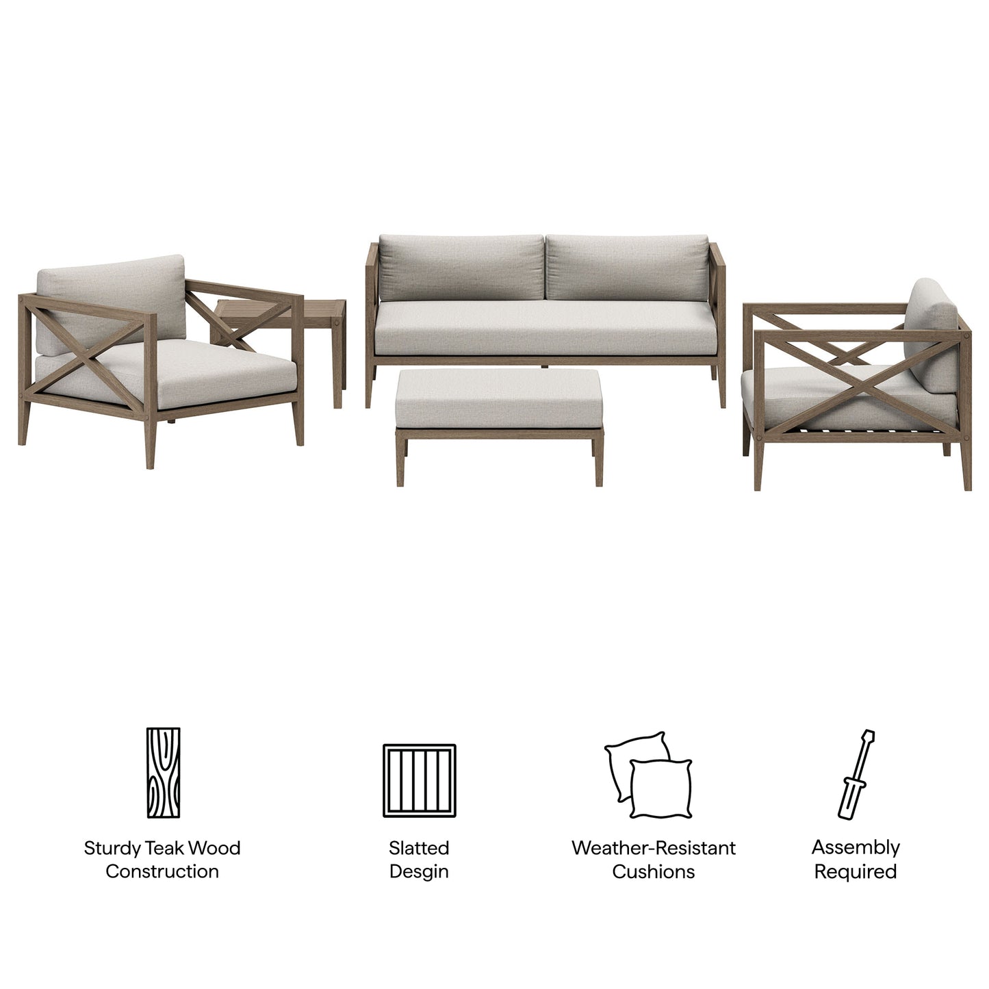 Roan 5-Piece Outdoor Patio Teak Wood Furniture Set in Weathered Gray Pebble