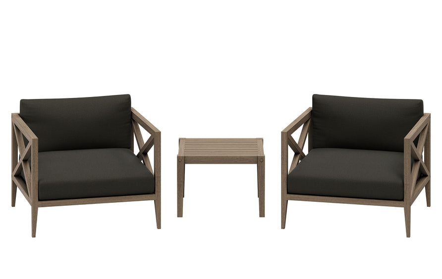 Roan 3-Piece Outdoor Patio Teak Wood Furniture Set with Armchair and Side Table in Weathered Gray Flint