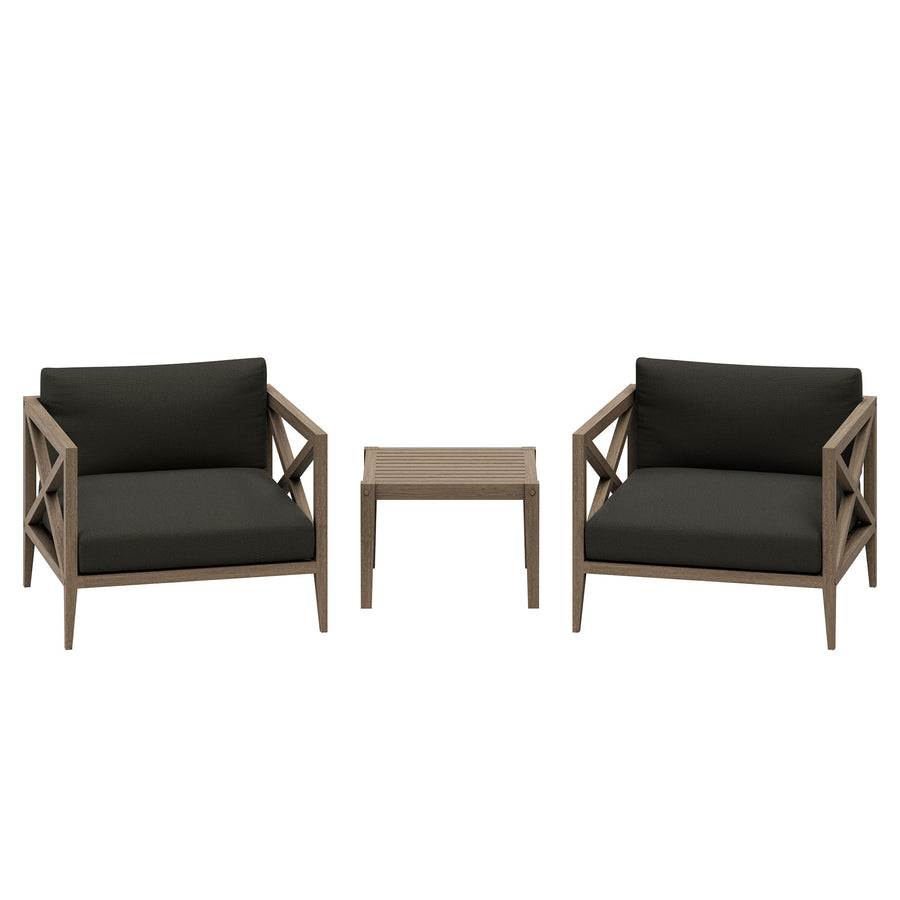 Roan 3-Piece Outdoor Patio Teak Wood Furniture Set with Armchair and Side Table in Weathered Gray Flint