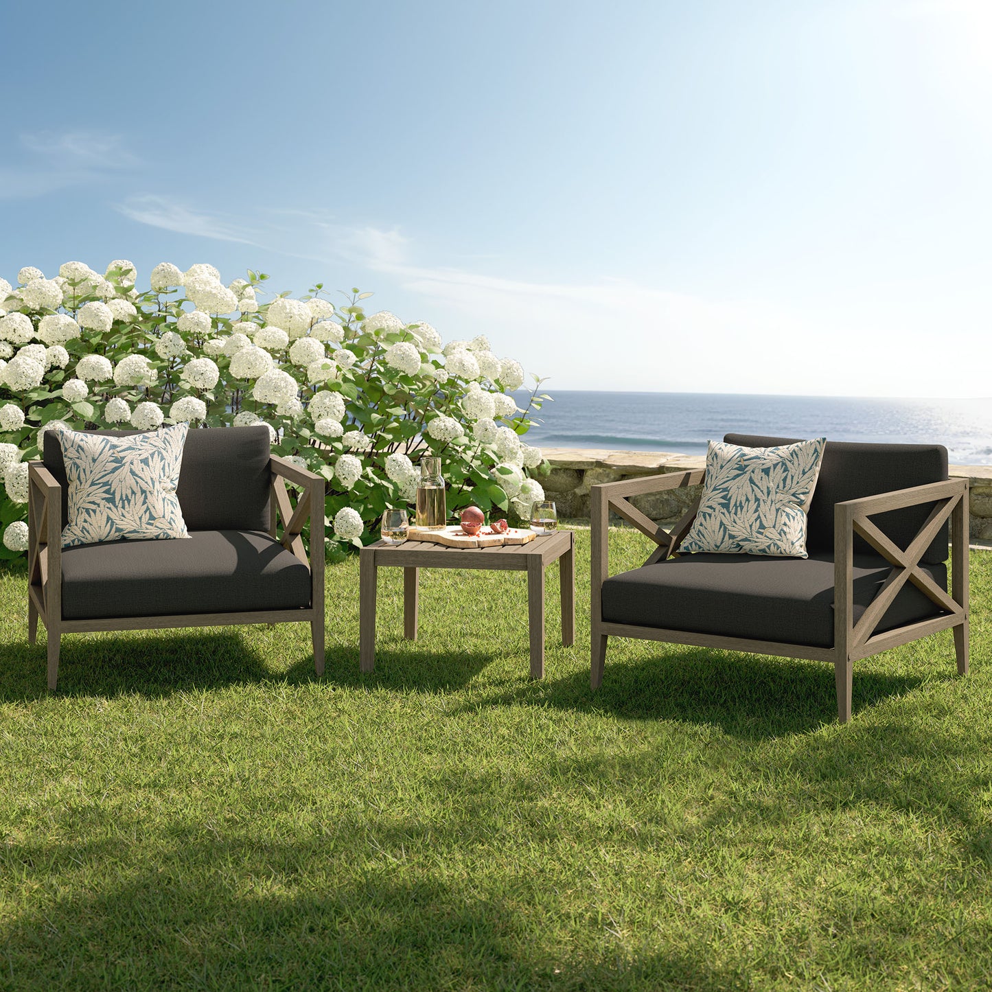 Roan 3-Piece Outdoor Patio Teak Wood Furniture Set with Armchair and Side Table in Weathered Gray Flint