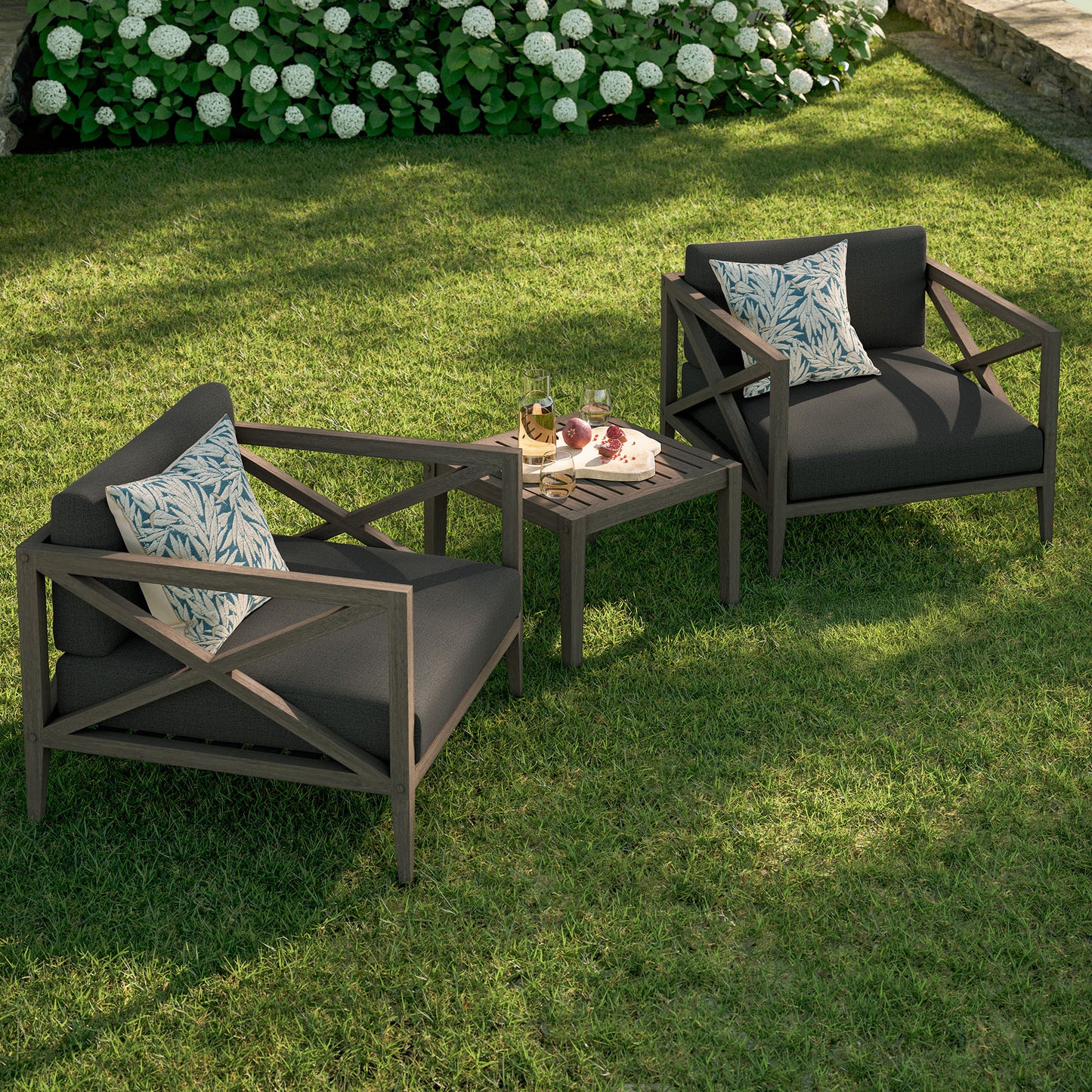 Roan 3-Piece Outdoor Patio Teak Wood Furniture Set with Armchair and Side Table in Weathered Gray Flint