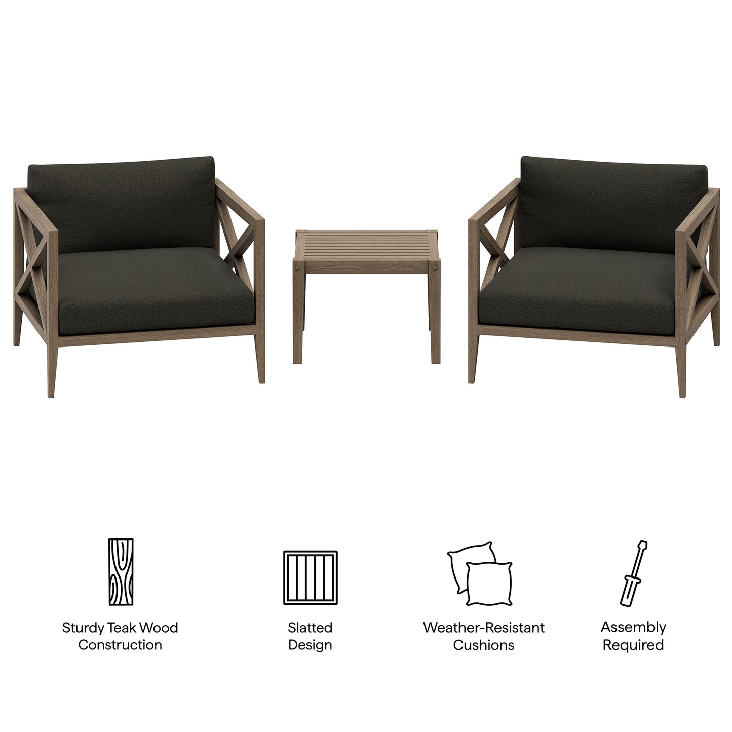Roan 3-Piece Outdoor Patio Teak Wood Furniture Set with Armchair and Side Table in Weathered Gray Flint