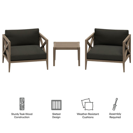 Northlake 3-Piece Outdoor Patio Teak Wood Furniture Set with Armchair and Side Table in Weathered Gray Flint