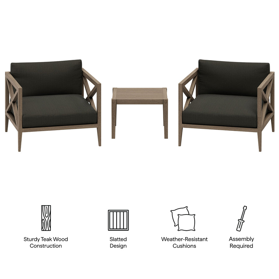 Roan 3-Piece Outdoor Patio Teak Wood Furniture Set with Armchair and Side Table in Weathered Gray Flint
