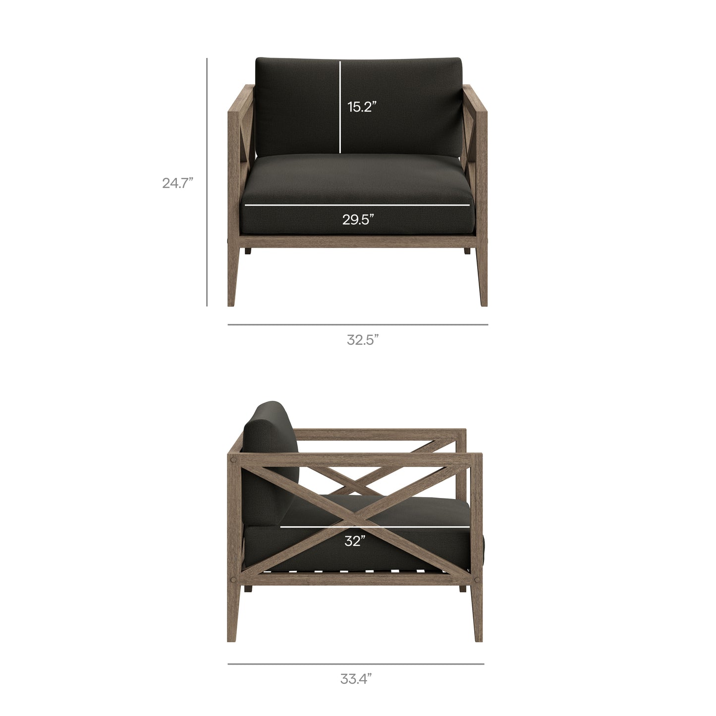 Roan 3-Piece Outdoor Patio Teak Wood Furniture Set with Armchair and Side Table in Weathered Gray Flint