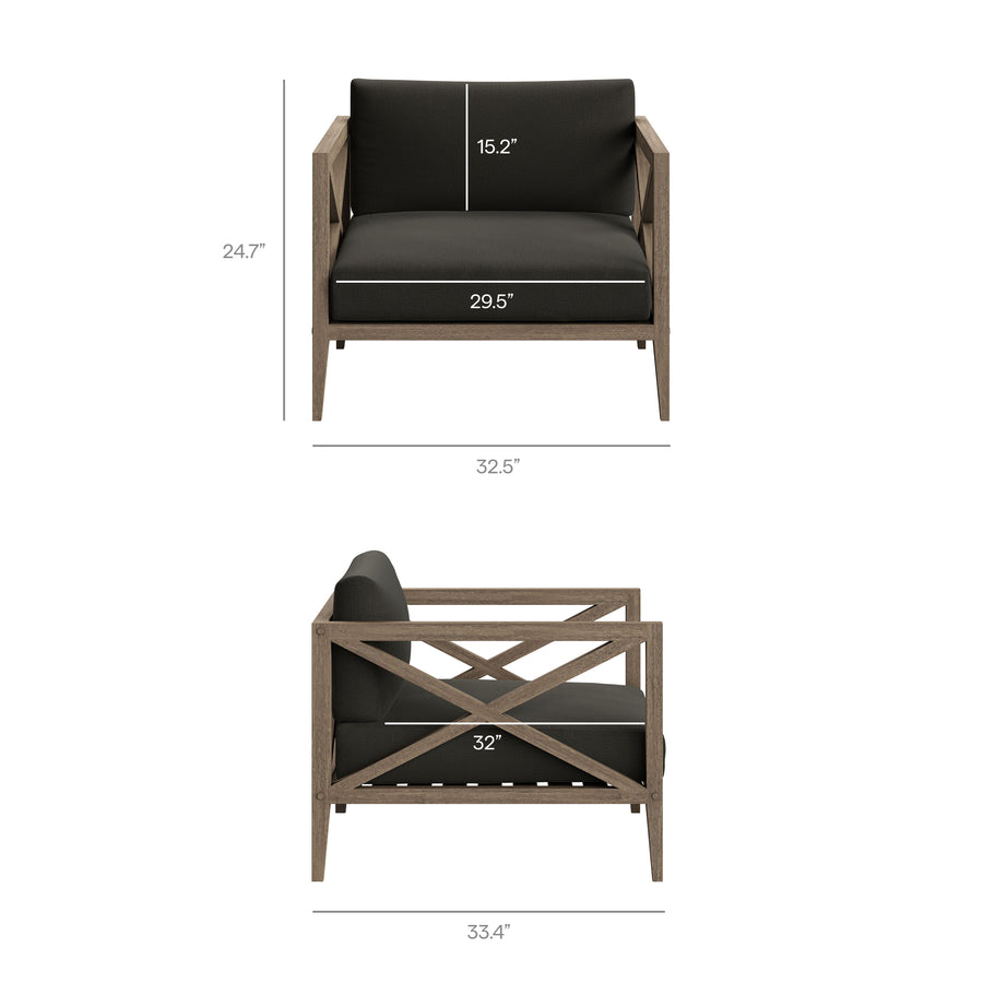 Roan 3-Piece Outdoor Patio Teak Wood Furniture Set with Armchair and Side Table in Weathered Gray Flint