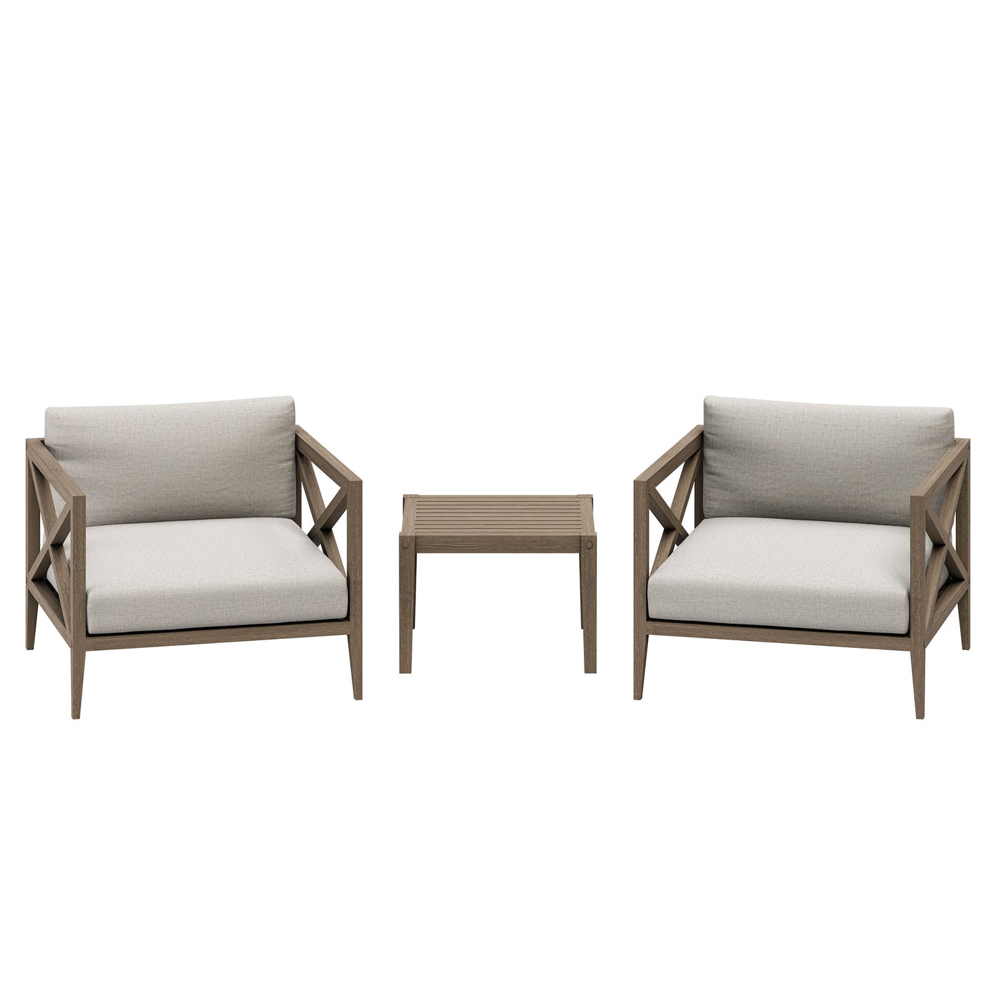 Roan 3-Piece Outdoor Patio Teak Wood Furniture Set with Armchair and Side Table in Weathered Gray Pebble