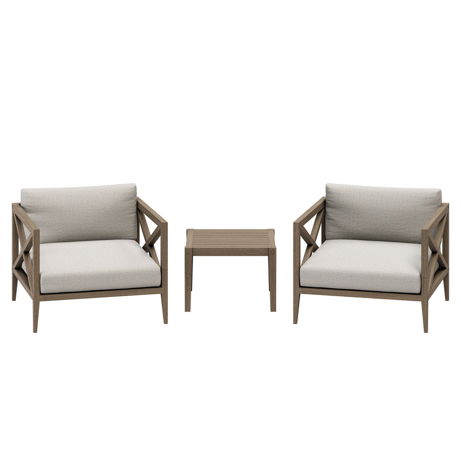 Roan 3-Piece Outdoor Patio Teak Wood Furniture Set with Armchair and Side Table in Weathered Gray Pebble