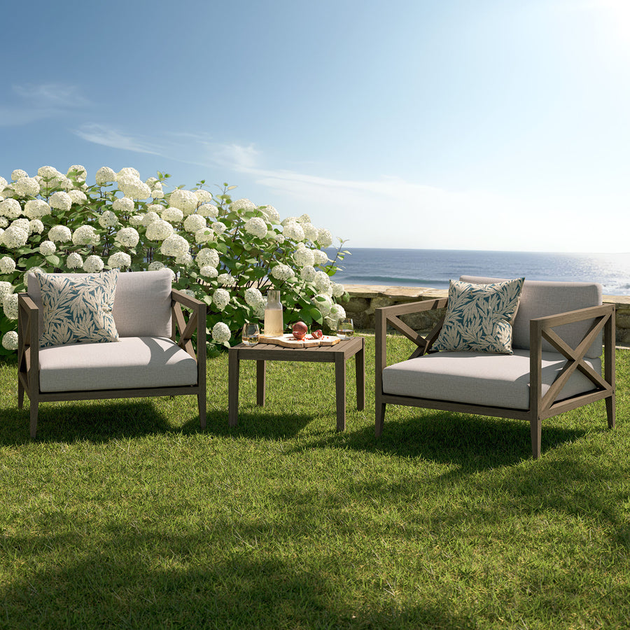 Roan 3-Piece Outdoor Patio Teak Wood Furniture Set with Armchair and Side Table in Weathered Gray Pebble