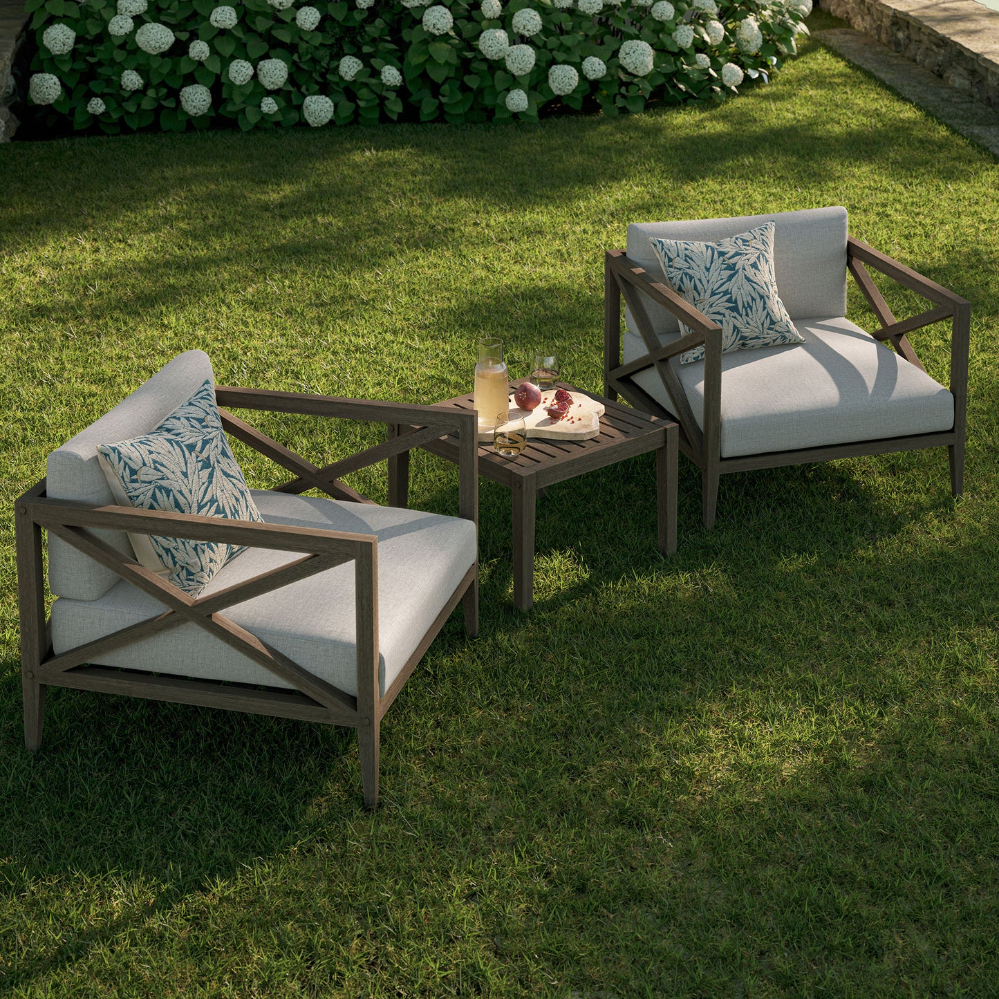 Roan 3-Piece Outdoor Patio Teak Wood Furniture Set with Armchair and Side Table in Weathered Gray Pebble