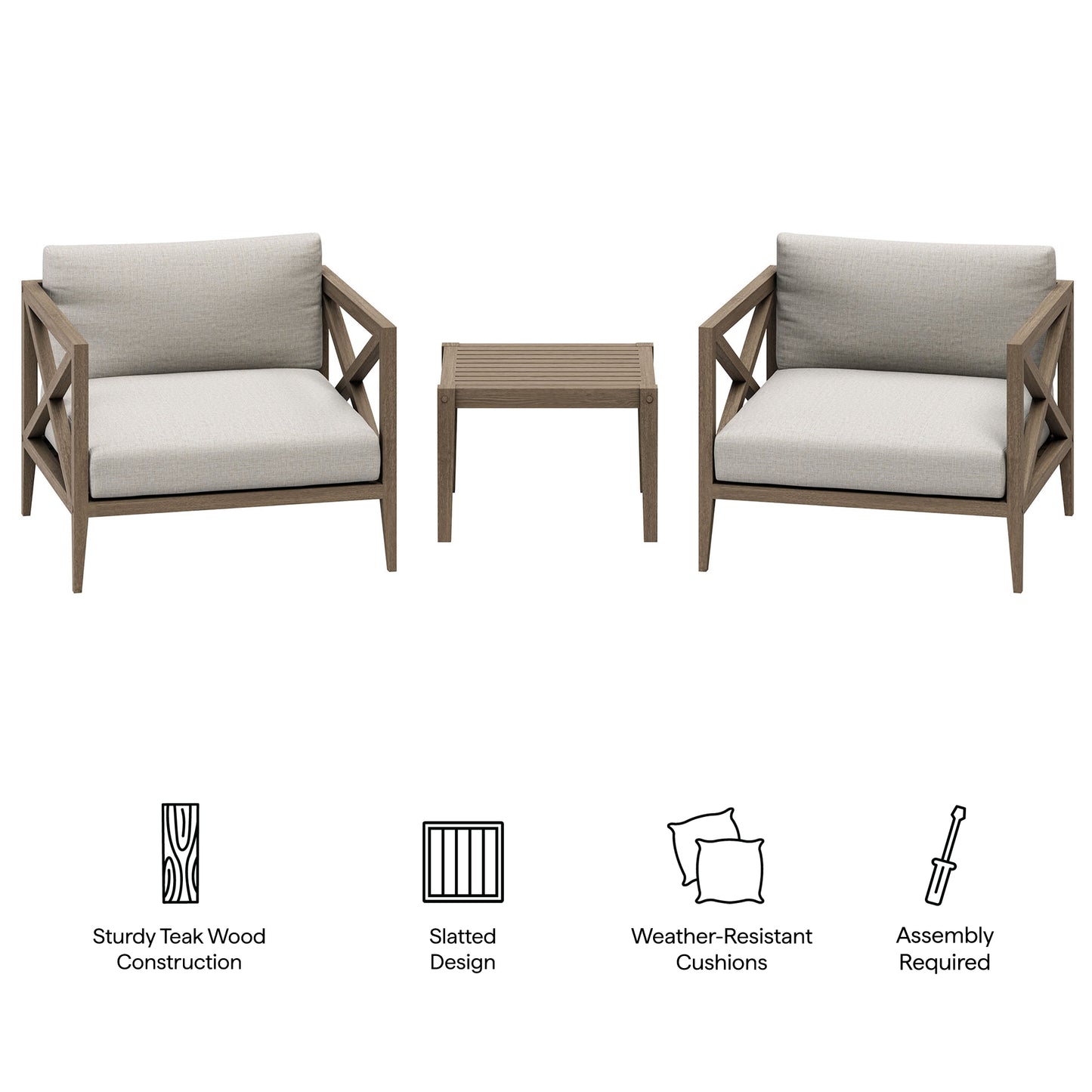 Roan 3-Piece Outdoor Patio Teak Wood Furniture Set with Armchair and Side Table in Weathered Gray Pebble