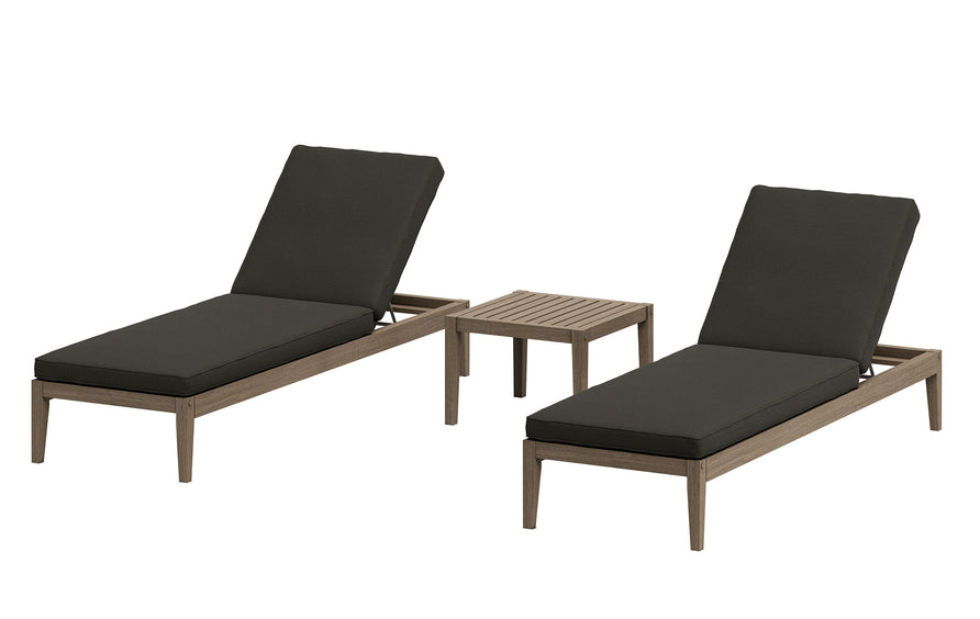Roan 3-Piece Outdoor Patio Teak Wood Furniture Set with Chaise Lounges and Side Table in Weathered Gray Flint
