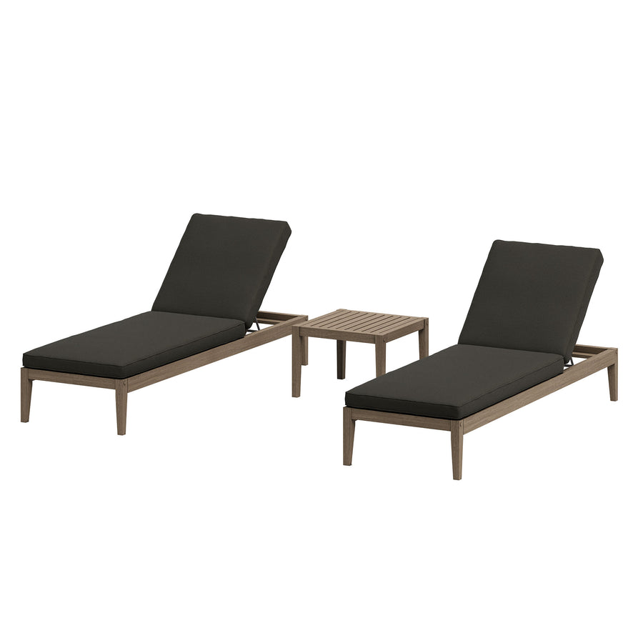 Roan 3-Piece Outdoor Patio Teak Wood Furniture Set with Chaise Lounges and Side Table in Weathered Gray Flint