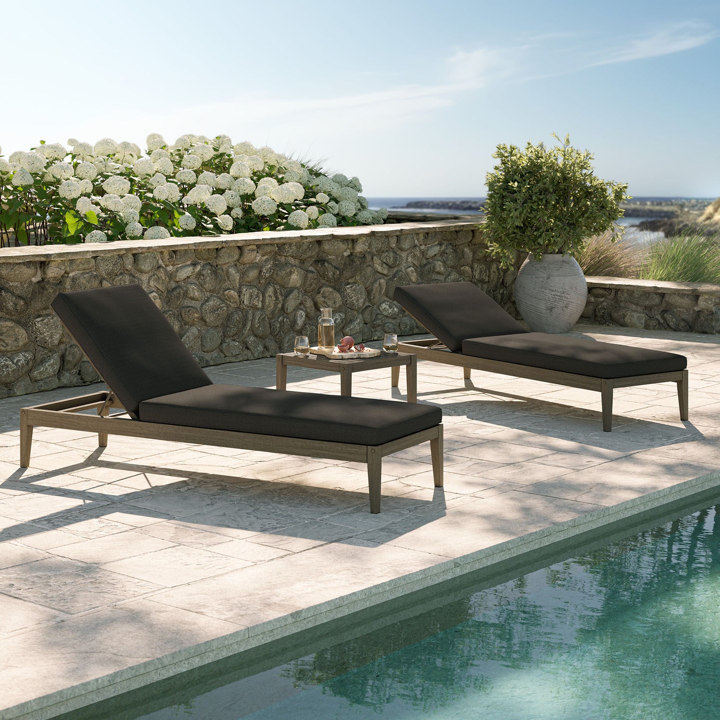 Roan 3-Piece Outdoor Patio Teak Wood Furniture Set with Chaise Lounges and Side Table in Weathered Gray Flint
