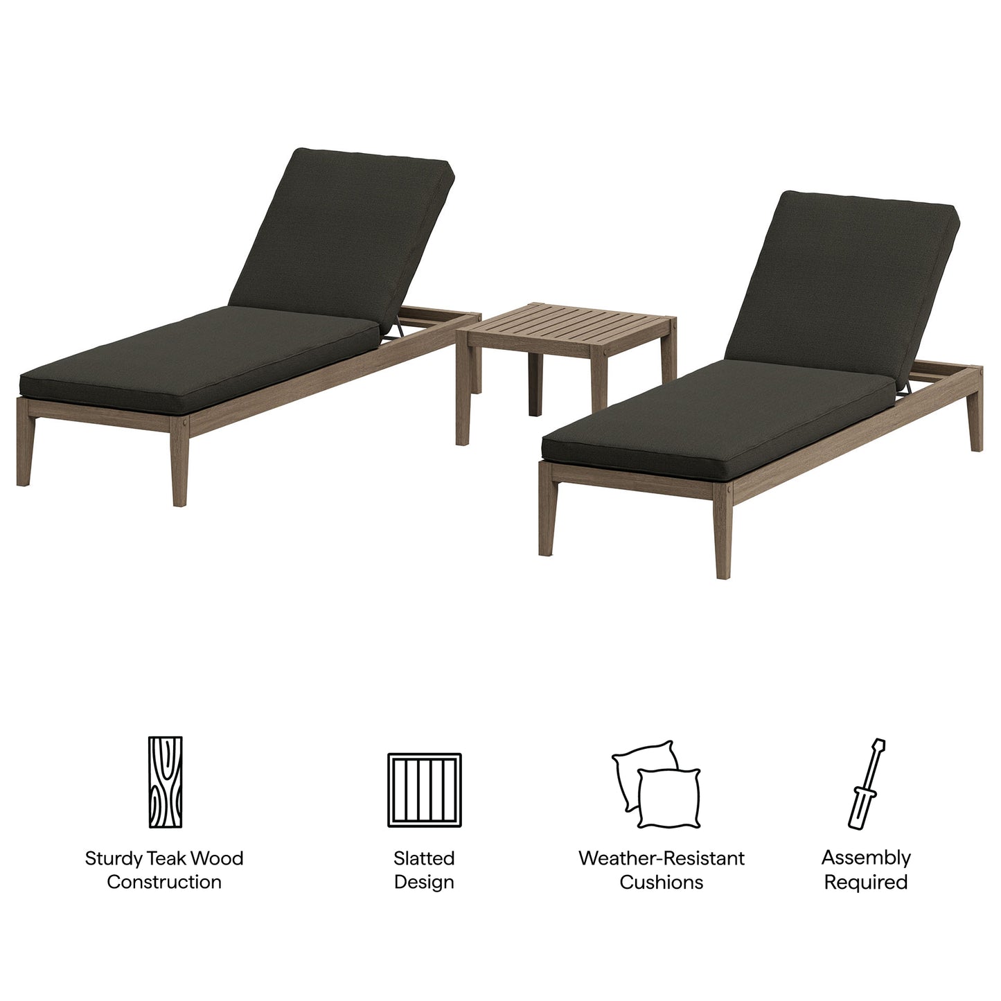 Roan 3-Piece Outdoor Patio Teak Wood Furniture Set with Chaise Lounges and Side Table in Weathered Gray Flint