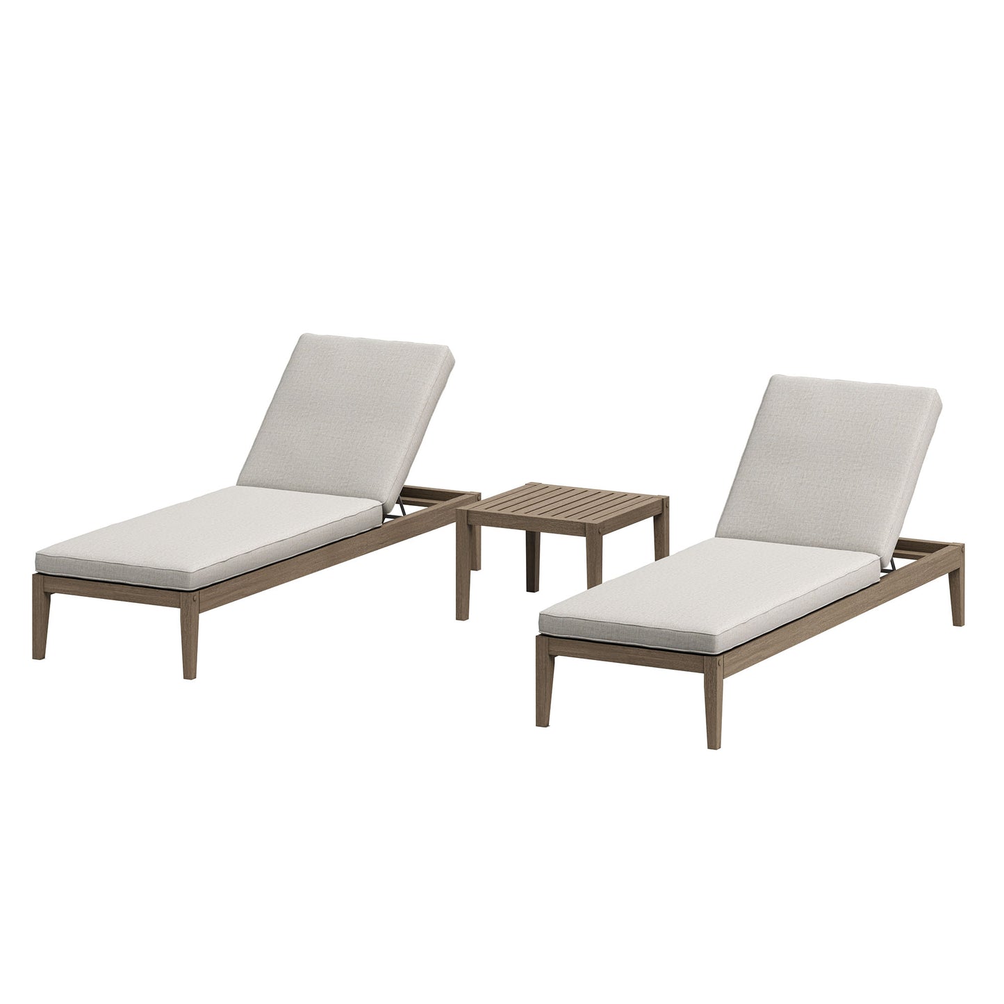Roan 3-Piece Outdoor Patio Teak Wood Furniture Set with Chaise Lounges and Side Table in Weathered Gray Pebble