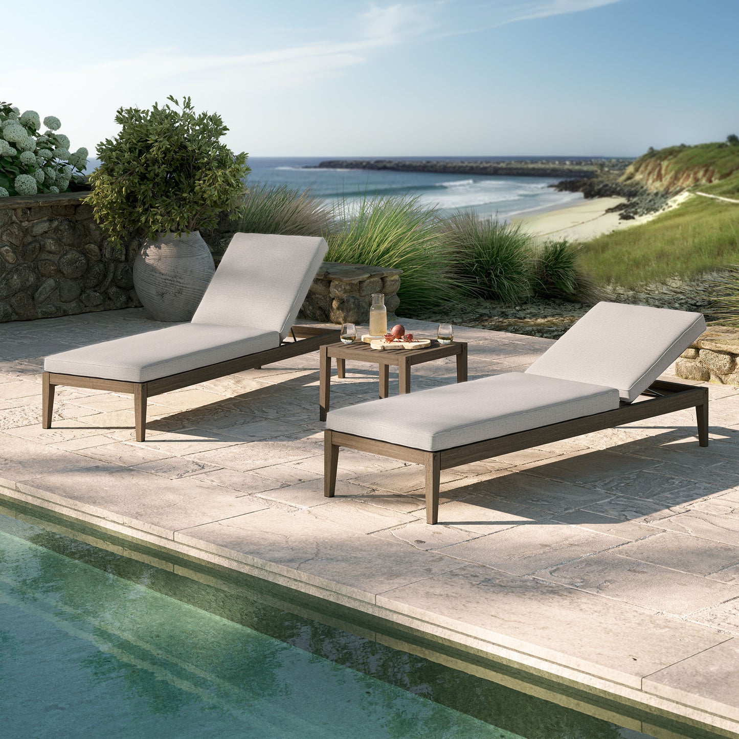 Roan 3-Piece Outdoor Patio Teak Wood Furniture Set with Chaise Lounges and Side Table in Weathered Gray Pebble