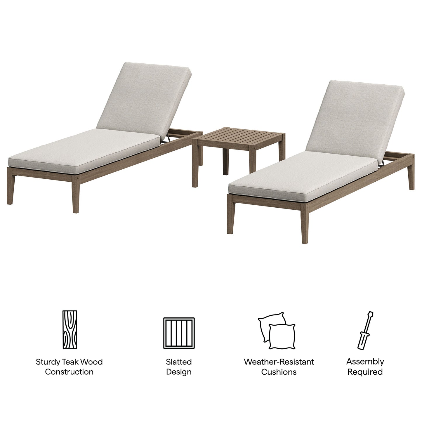 Roan 3-Piece Outdoor Patio Teak Wood Furniture Set with Chaise Lounges and Side Table in Weathered Gray Pebble
