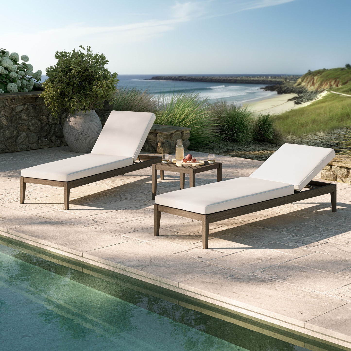 Northlake 3-Piece Outdoor Patio Teak Wood Furniture Set with Chaise Lounges and Side Table by Furniture For America