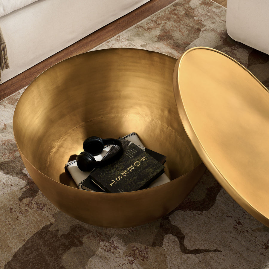Lila 32 Inch Metal Storage Coffee Table in Burnished Brass